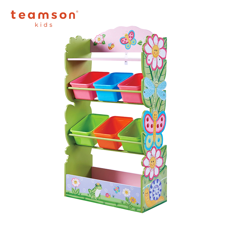 Teamson 魔法花園木製4層玩具收納架(附6個收納盒)