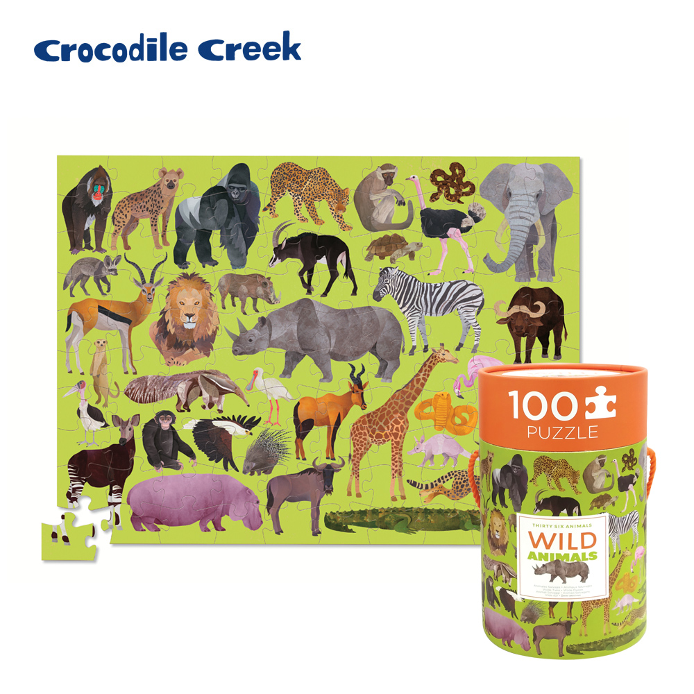 【美國Crocodile Creek】 生物主題學習桶裝拼圖100片-野生動物