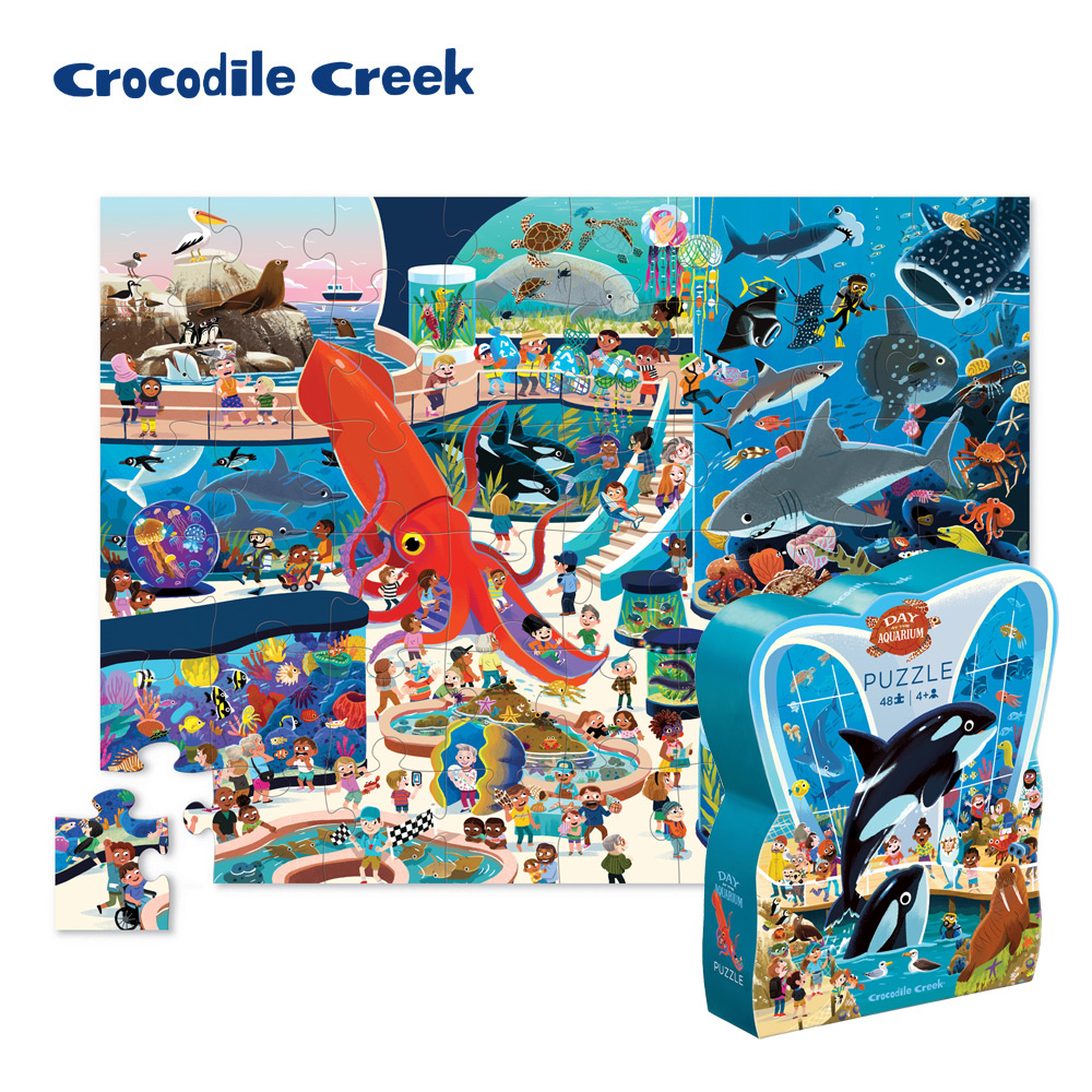 【美國Crocodile Creek】 博物館造型盒學習拼圖48片-水族館