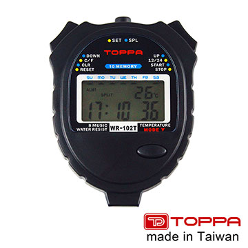 TOPPA 台灣製多功能防潑水運動電子碼表 1/100秒跑錶 10組記憶