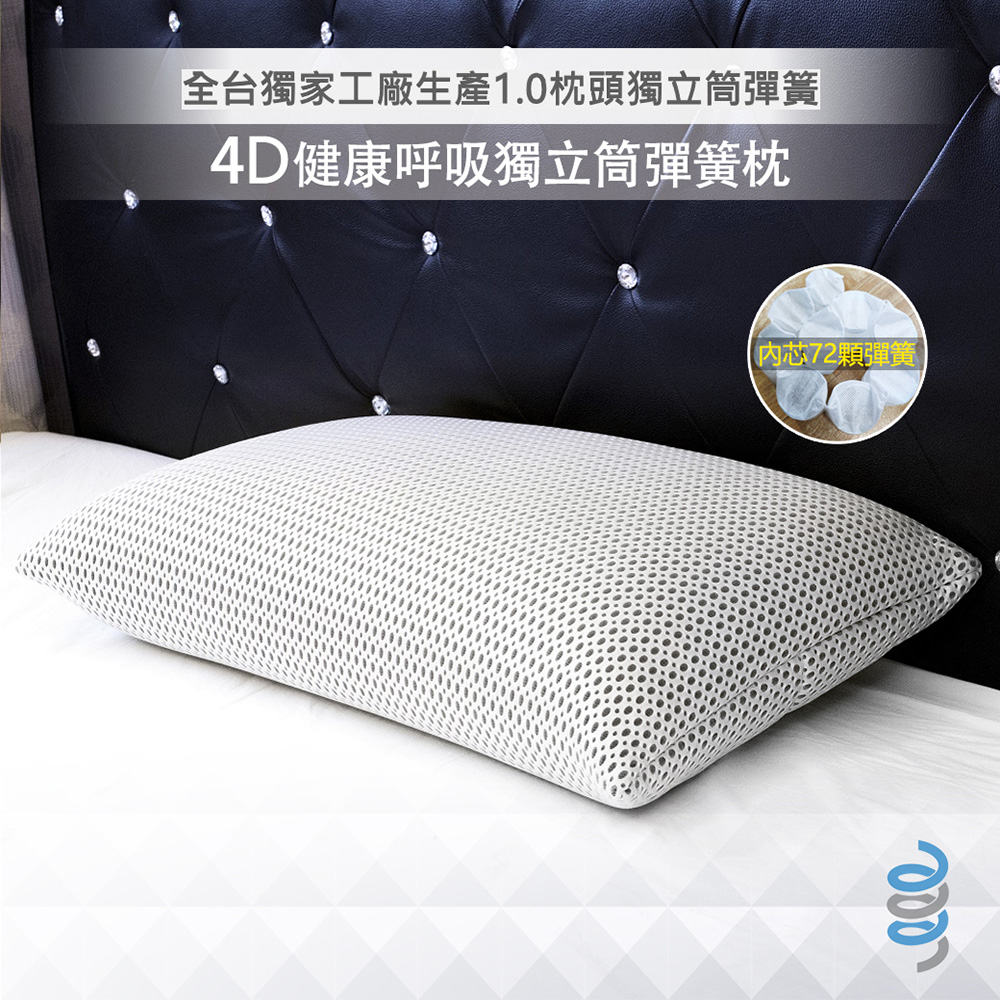 【富鬱床墊】4D透氣獨立筒枕頭 (白色)臺灣獨家直營工廠彈簧鍍鋅鋼線72顆彈簧