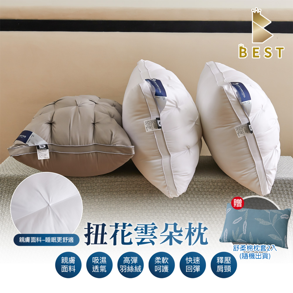 【BEST寢飾】扭花雲朵枕 2入 抗菌枕 柔軟枕 兩色任選 獨家贈舒柔棉枕套2入(隨機出貨)