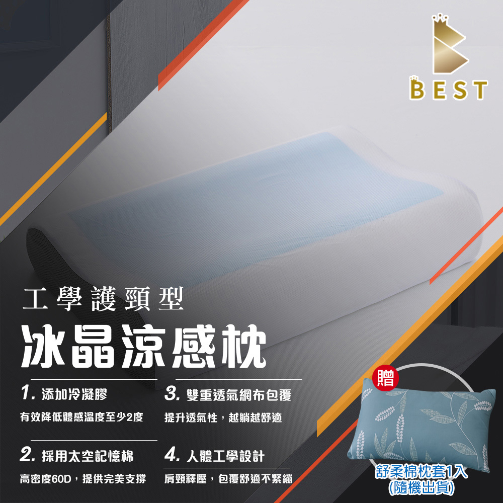 【BEST貝思特】冰晶涼感記憶枕1入 工學護頸型 枕頭 枕芯