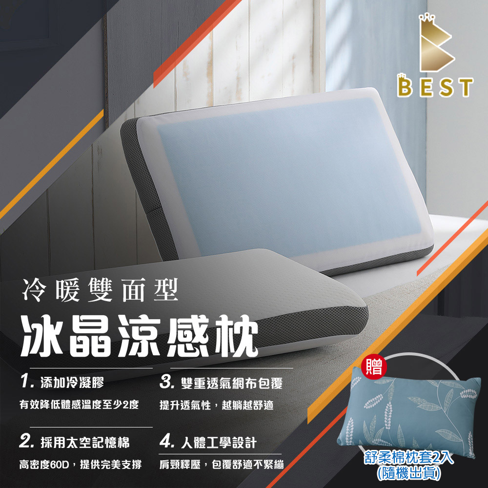 【BEST貝思特】冰晶涼感記憶枕2入 冷暖雙面型 枕頭 枕芯