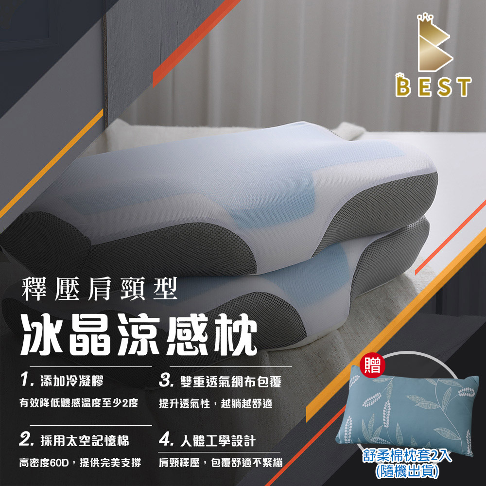 【BEST貝思特】冰晶涼感記憶枕2入 釋壓肩頸型 枕頭 枕芯