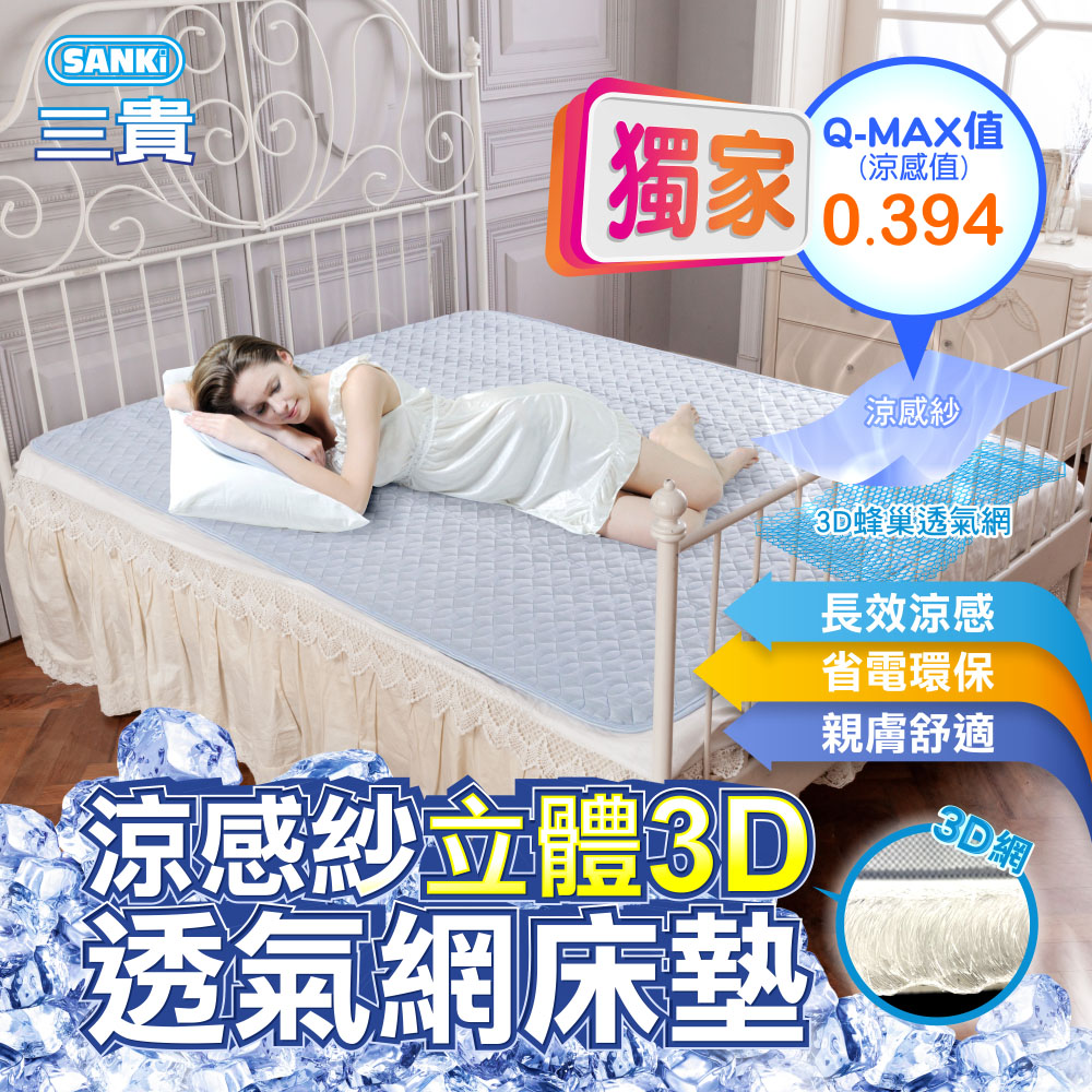 日本SANKI 立體3D透氣網涼感紗舒適床墊150*186(天空藍/蘋果綠)