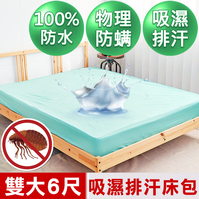 【米夢家居】台灣製造-吸濕排汗網眼防塵螨/防水保潔墊床包(水綠)-6尺