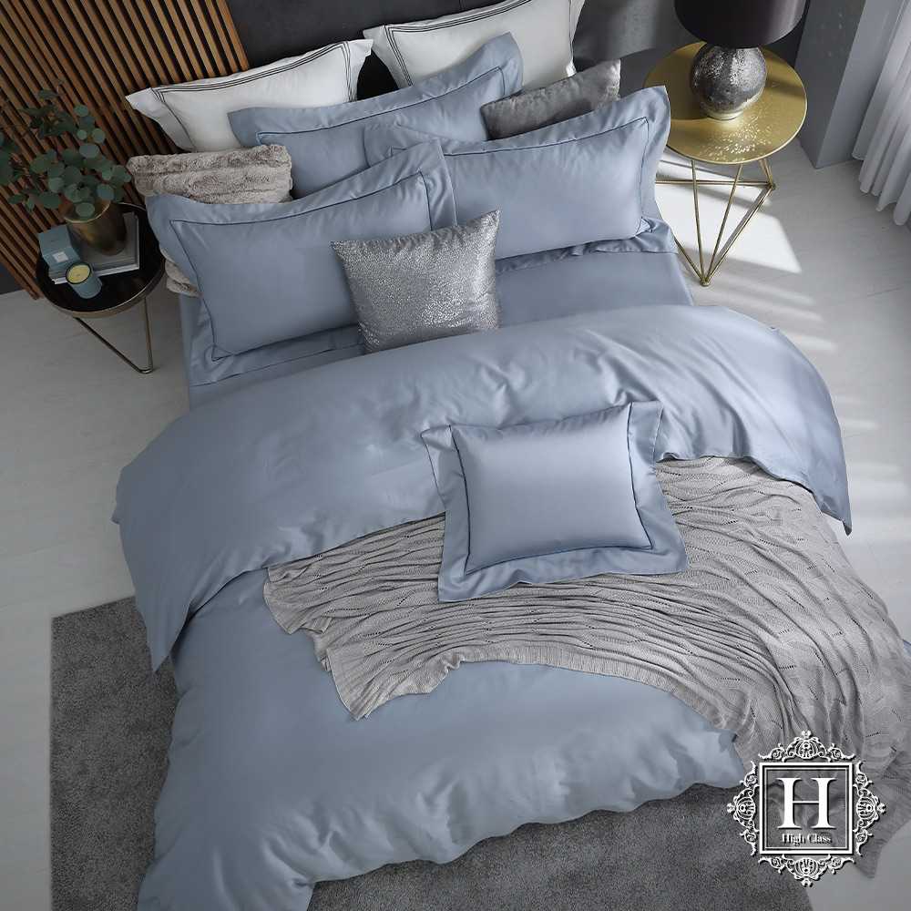 《HOYA H Series幽靜藍 》希爾維亞精工刺繡500織匹馬棉被套床包四件組-特大