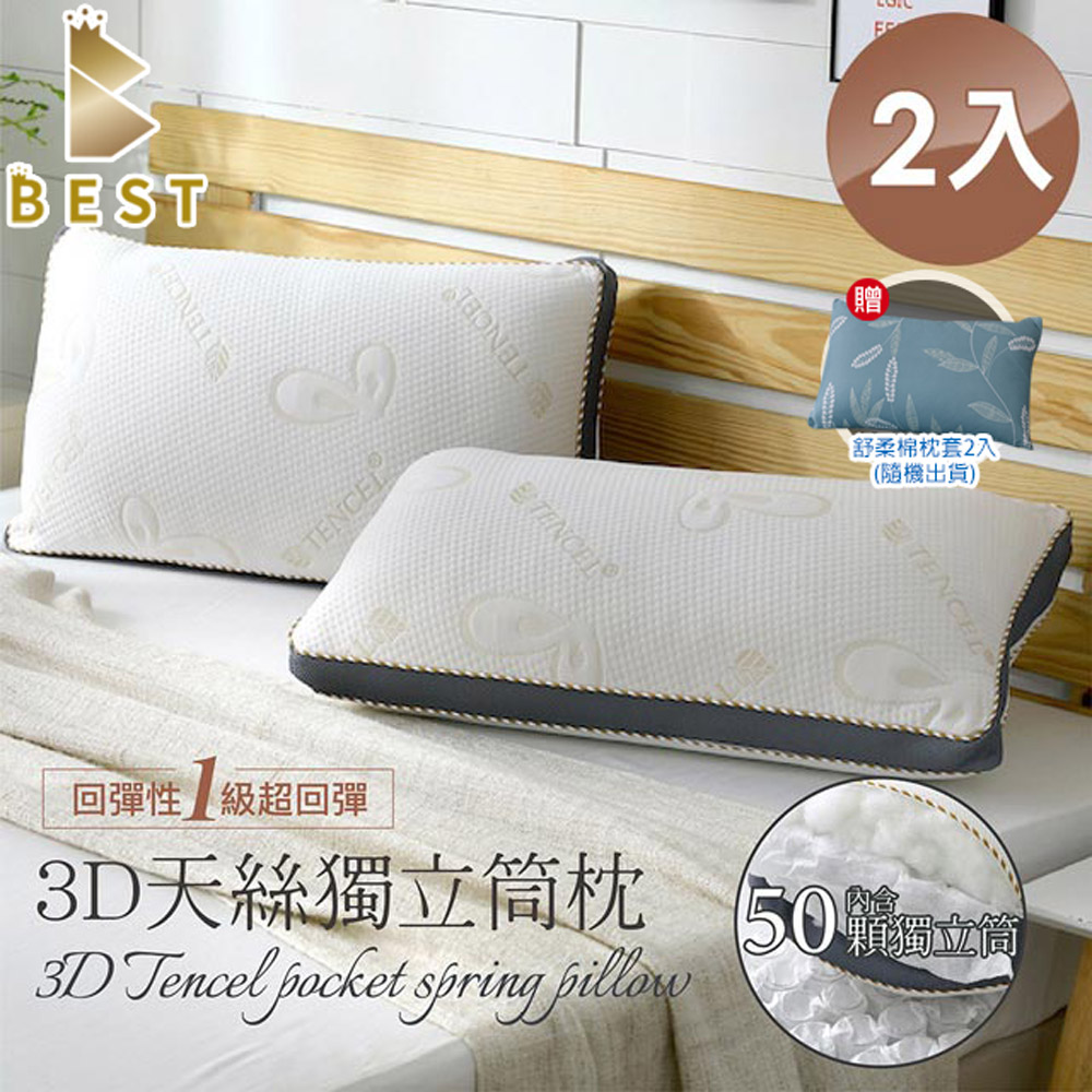 【BEST貝思特】3D天絲獨立筒枕2入(TENCEL 台灣製造 枕頭)