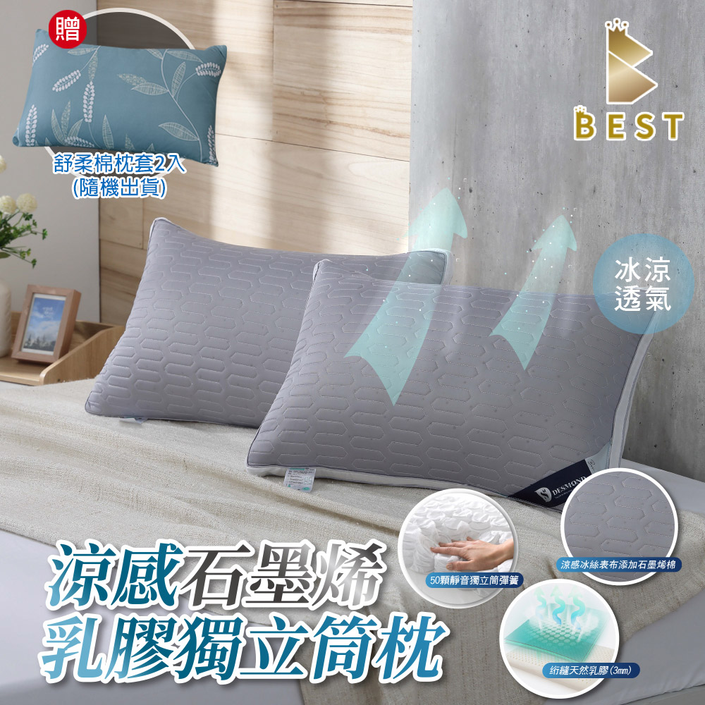 【BEST貝思特】涼感石墨烯乳膠獨立筒枕2入(TENCEL 台灣製造 枕頭)