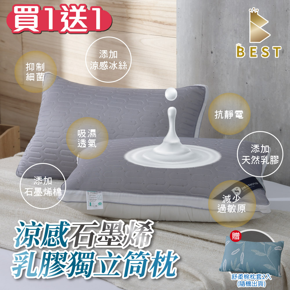 【BEST貝思特】涼感石墨烯乳膠獨立筒枕2入(TENCEL 臺灣製造 枕頭)