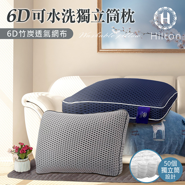 【Hilton 希爾頓】6D竹炭透氣可水洗獨立筒枕/枕頭 1入 (B0115-N&W)