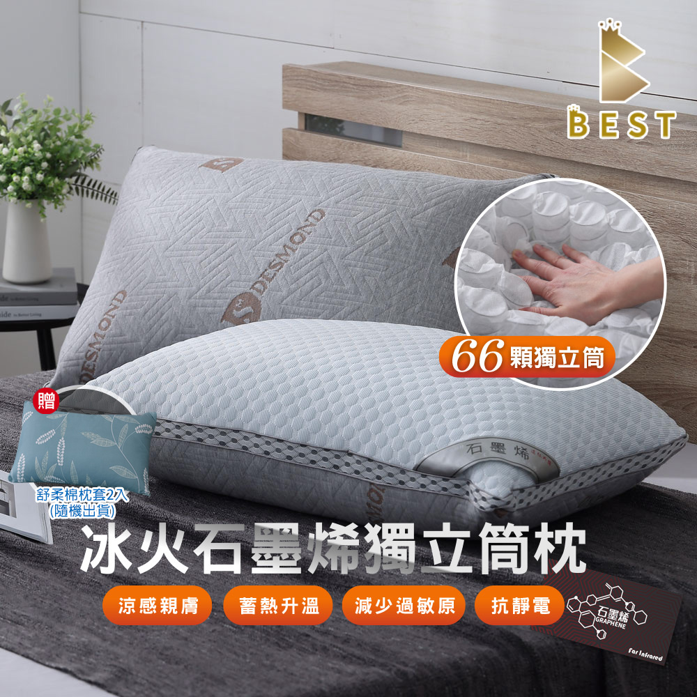 【BEST貝思特】冰火石墨烯獨立筒枕 2入(TENCEL 台灣製造 枕頭)