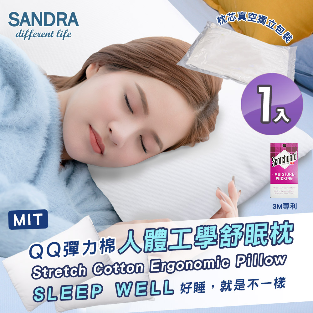 【Sandra仙朵拉】3M專利吸濕排汗 人體工學舒眠枕x1入(枕頭/枕芯)