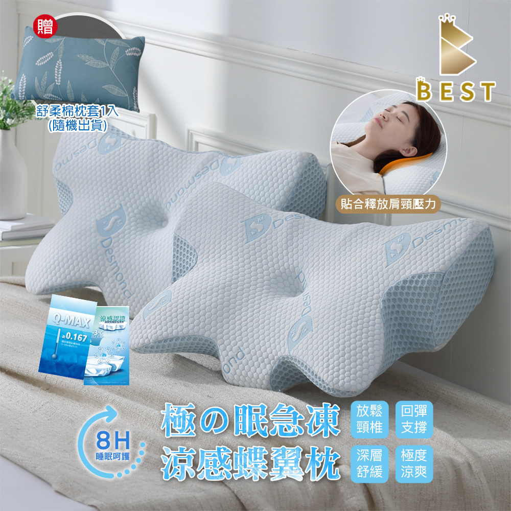 【BEST貝思特】急凍涼感蝶翼枕 2入 高密度記憶棉 防蹣抗菌 精緻盒裝 獨家贈舒柔棉枕頭套2入