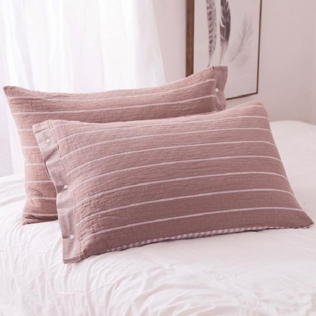 綿紗三層加厚透氣枕頭套1對-咖啡條紋