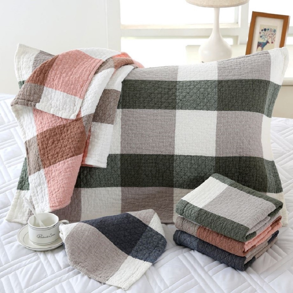 純棉三層紗枕巾 日式大格保潔枕頭巾(2入)