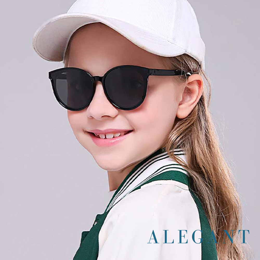 【ALEGANT】象牙黑中性兒童專用輕量彈性太陽眼鏡UV400貓眼圓框偏光墨鏡