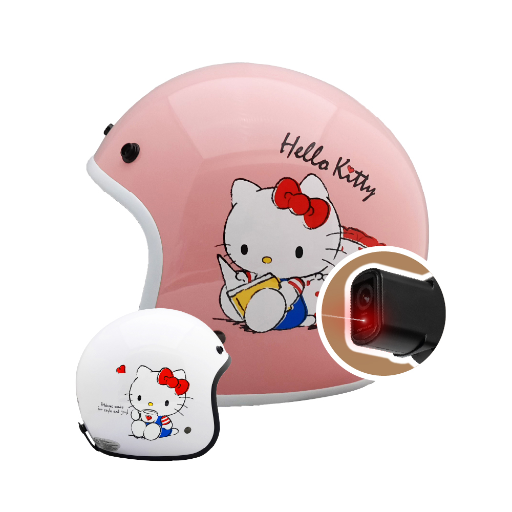 iMini iMiniDV X4C 卡通授權 吊帶褲 Kitty 內建式安全帽行車記錄器(智慧感應 測速 語音 3/4罩式)