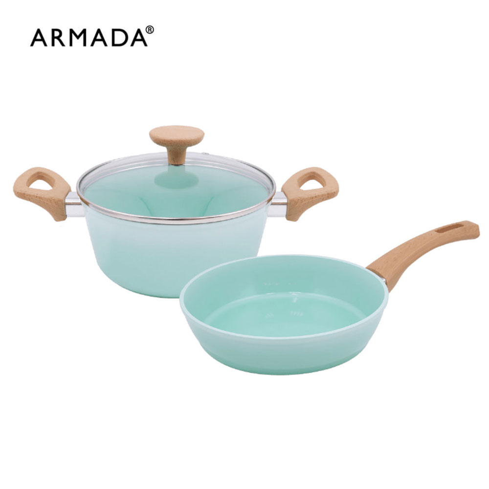 【Armada】翠玉冰晶系列 陶瓷不沾平底鍋20CM+湯鍋(含蓋)20cm 雙鍋組