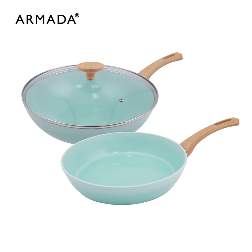 【Armada】翠玉冰晶系列 陶瓷不沾平底鍋28CM+炒鍋30CM(含蓋) 雙鍋組