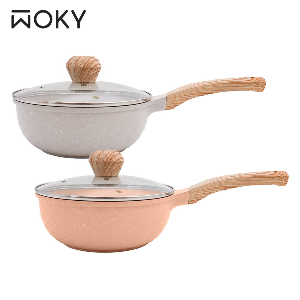 【WOKY 沃廚】極簡日日溫潤陶瓷不沾鍋 22cm深炒鍋含蓋(不挑爐具、IH適用)