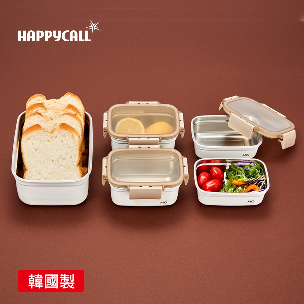 【韓國HAPPYCALL】韓國製白瓷釉304不鏽鋼保鮮盒5件組(500ml/650ml/2L)