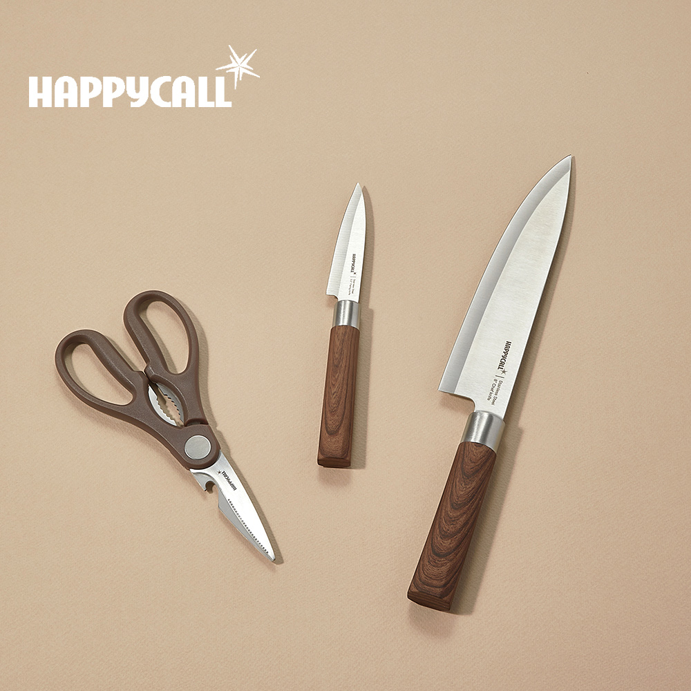 【韓國HAPPYCALL】木質紋料理刀具3件組(8吋主廚刀/3.5水果刀/料理剪)