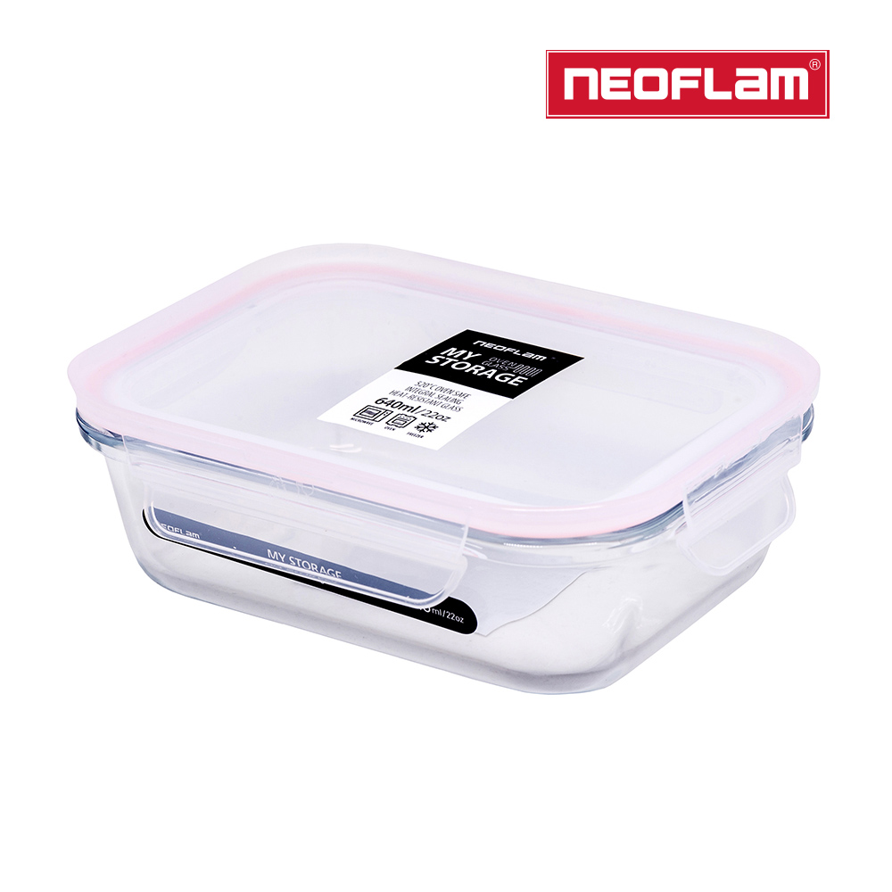 NEOFLAM 升級版專利無縫膠條耐熱玻璃保鮮盒長方形-640ml(粉色膠條)
