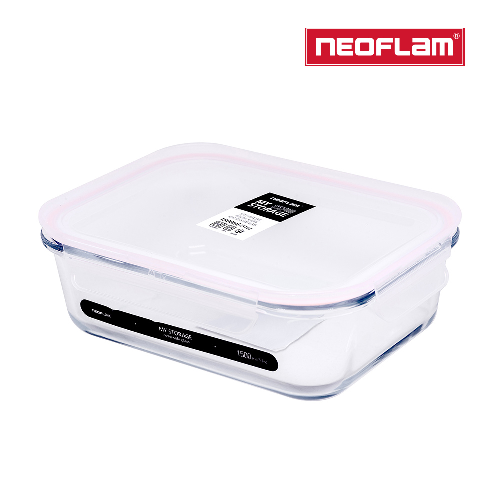 NEOFLAM 升級版專利無縫膠條耐熱玻璃保鮮盒長方形-1500ml(粉色膠條)
