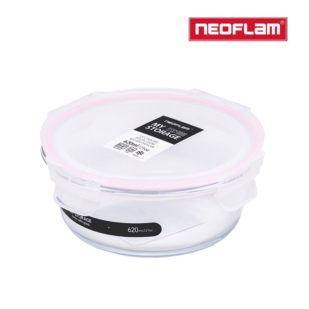 NEOFLAM 升級版專利無縫膠條耐熱玻璃保鮮盒圓形-620ml(粉色膠條)