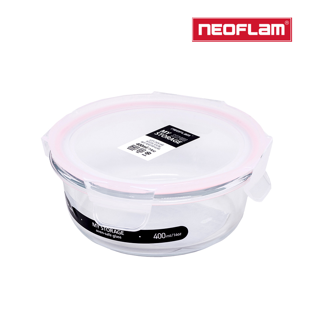 NEOFLAM 升級版專利無縫膠條耐熱玻璃保鮮盒圓形-400ml(粉色膠條)