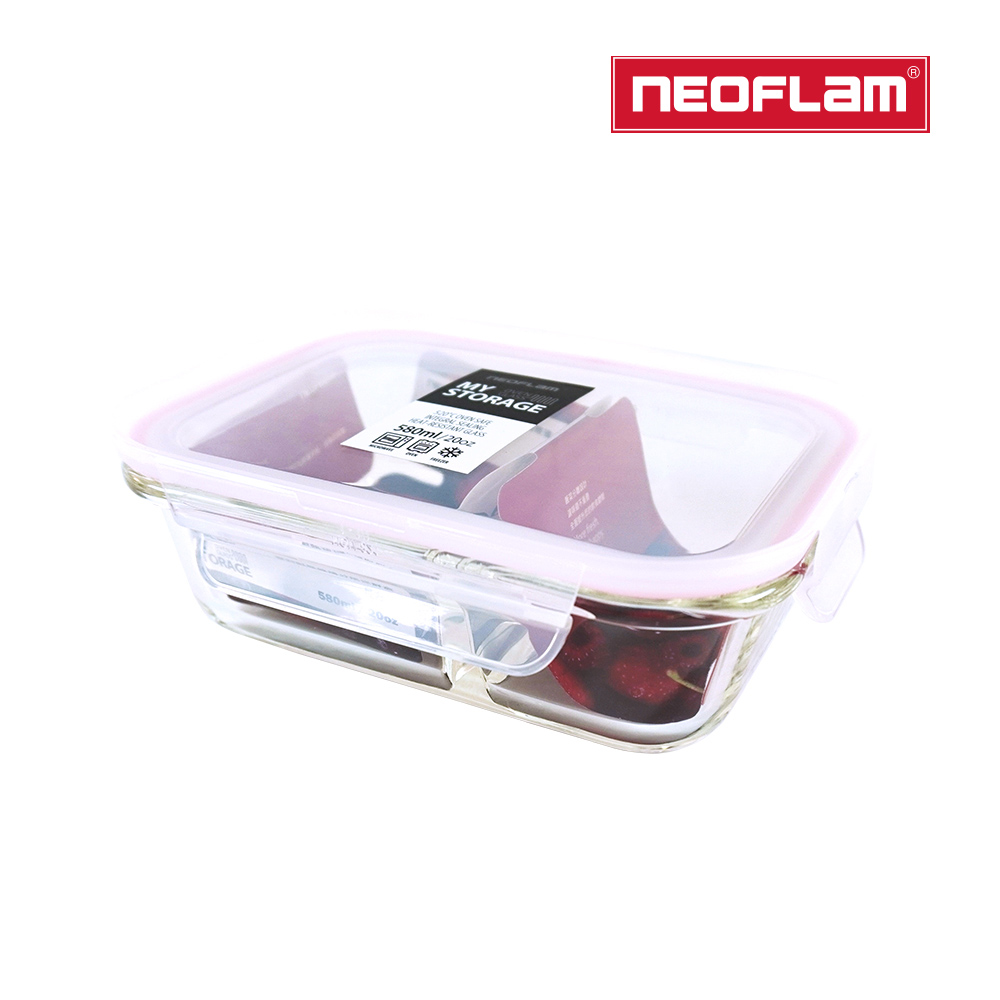 NEOFLAM 升級版專利無縫膠條耐熱玻璃分隔保鮮盒長形-580ml(粉色膠條)