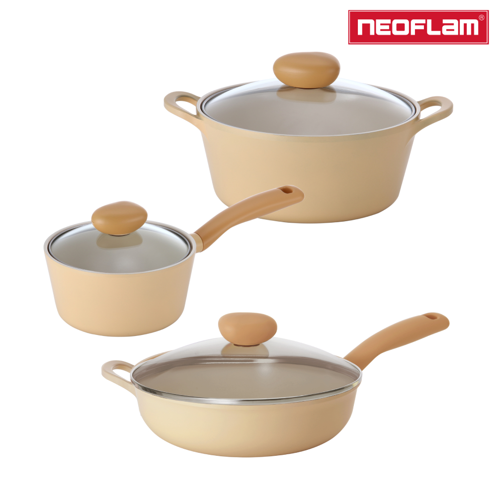 NEOFLAM Flan香草雪酪系列 不沾鍋具3件組(湯鍋+單柄湯鍋+炒鍋)