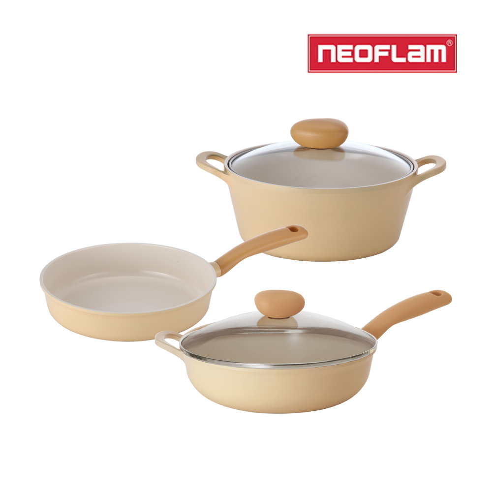 NEOFLAM Flan香草雪酪系列 不沾鍋具3件組(湯鍋+平底鍋+炒鍋)