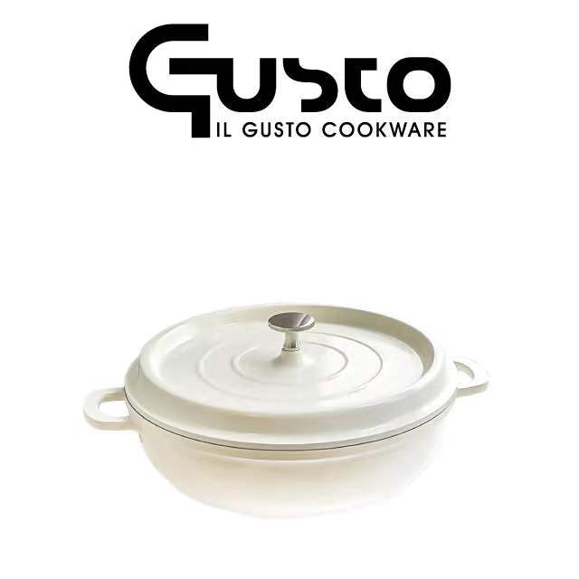 【GUSTO】3公升大容量26cm法式復古白超輕量壓鑄淺湯燉鍋