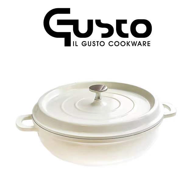 【GUSTO】4.5公升大容量32cm法式復古白超輕量壓鑄淺湯燉鍋