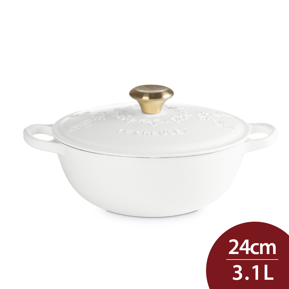 Le Creuset 永恆花蕾系列 典藏媽咪鑄鐵鍋 24cm 3.1L 棉花白 淡金頭 法國製 (電磁爐 IH爐可用)