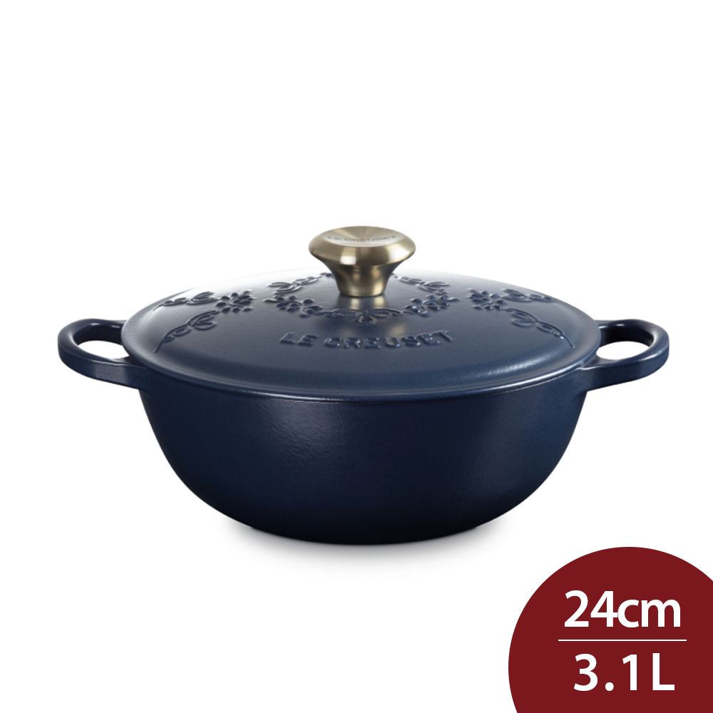 Le Creuset 永恆花蕾系列 典藏媽咪鑄鐵鍋 24cm 3.1L 海軍藍 淡金頭 法國製 (電磁爐 IH爐可用)