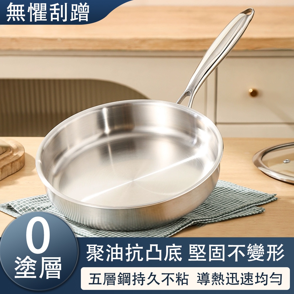 22cm不鏽鋼平底鍋 無塗層不粘鍋 316L不鏽鋼 加厚牛排煎鍋 家用不粘炒鍋 燃氣灶/電磁爐通用