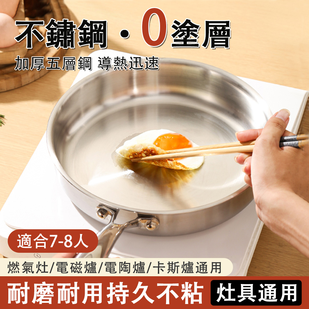 30cm不鏽鋼平底鍋 無塗層不粘鍋 316L不鏽鋼 加厚牛排煎鍋 家用不粘炒鍋 30cm