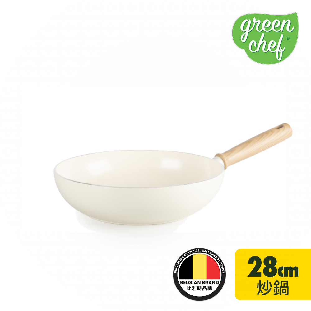 【GreenChef】 東京木紋系列28cm不沾鍋炒鍋(奶油白)(不含蓋)(不挑爐具,IH爐適用)
