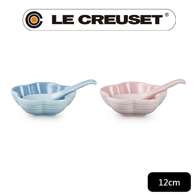 LE CREUSET-瓷器花型盤附中式湯匙2入(小) (糖果粉/海岸藍)