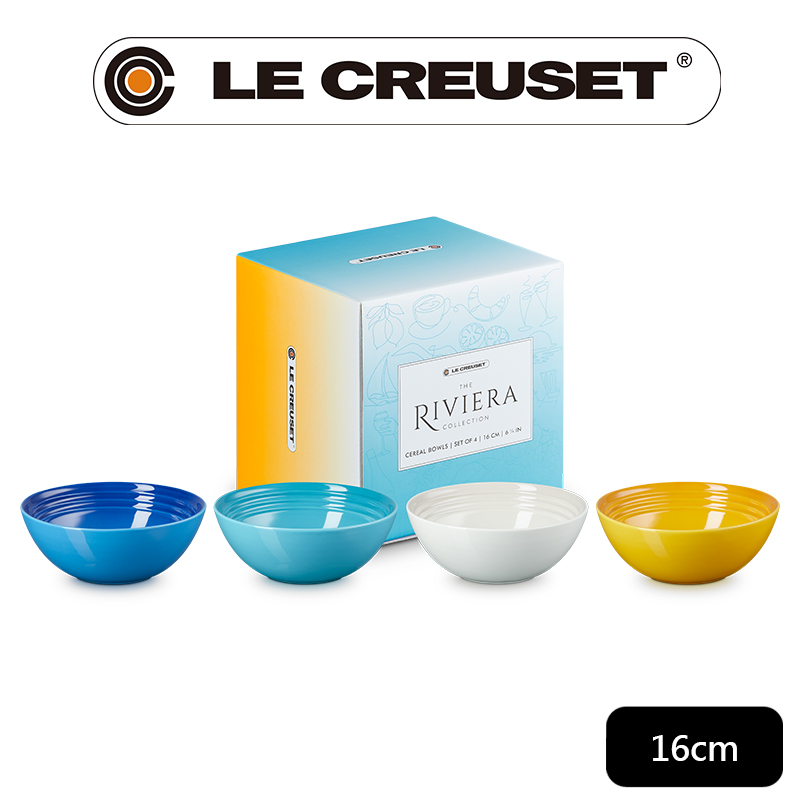 LE CREUSET-瓷器里維埃拉系列早餐穀片碗16cm- 4入組 (地中海藍/加勒比海藍/蛋白霜/杏桃黃)