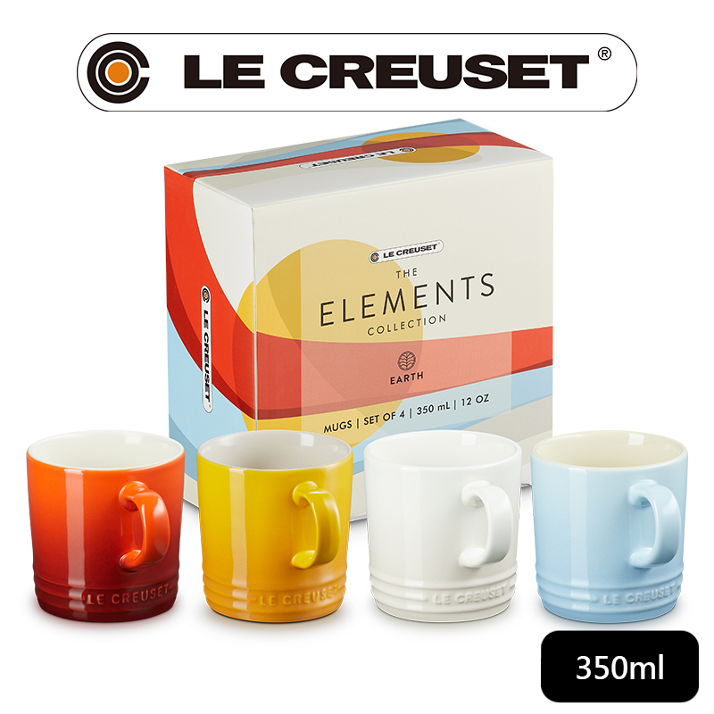 LE CREUSET-瓷器元素精靈系列英式馬克杯組350ml - 4入組 (火紅辣椒/杏桃黃/蛋白霜/海岸藍)