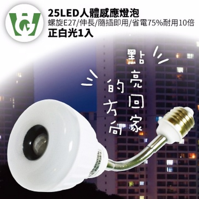 25LED晶片式綠能抗漲甜甜圈型感應燈泡(伸長/螺旋型)(正白光)