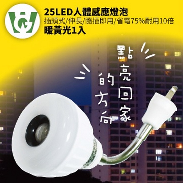 25LED晶片式綠能抗漲甜甜圈型感應燈泡(伸長/插頭型)(暖黃光)