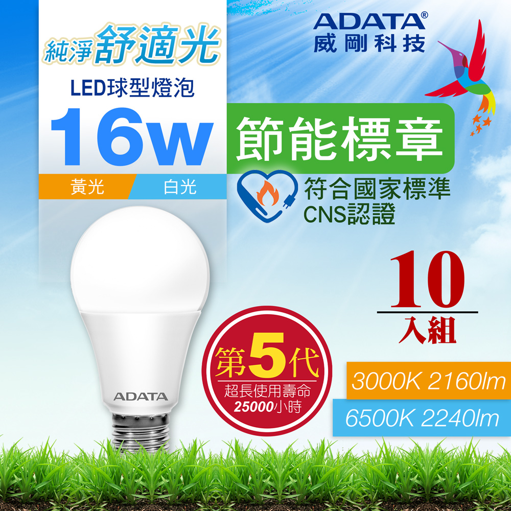 ADATA 威剛 16W 第五代 節能標章 LED球型燈泡(10入)