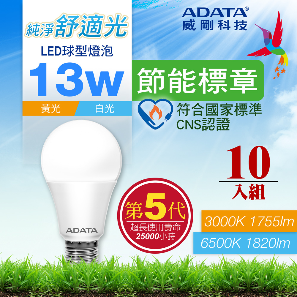ADATA 威剛 13W 第五代 節能標章 LED球型燈泡(10入)