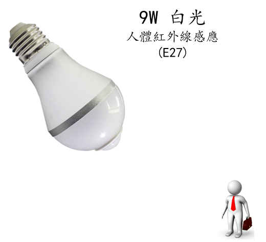 人體紅外線感應 LED燈泡-9W(白光)(E27)